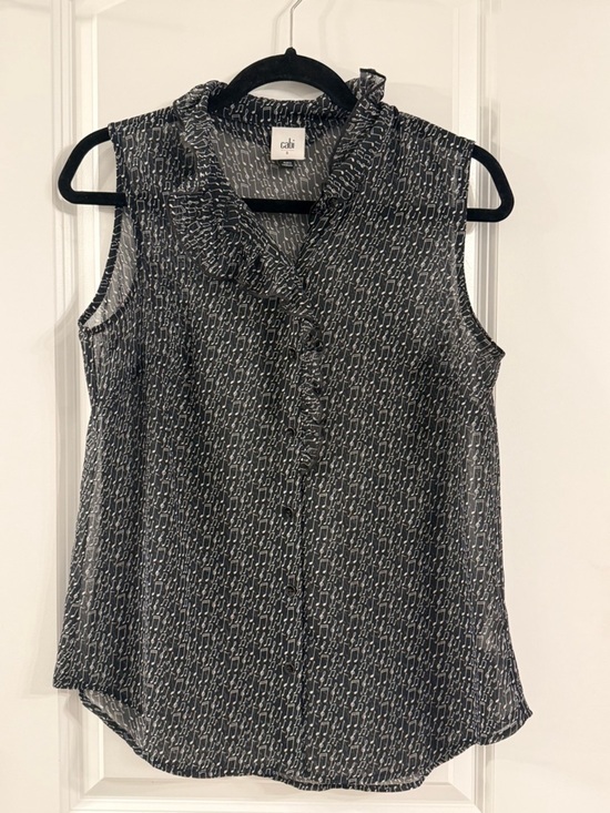 CAbi Tops - CAbi Black Music Academia Printed Sleeveless Ruffle Collar Blouse (s)